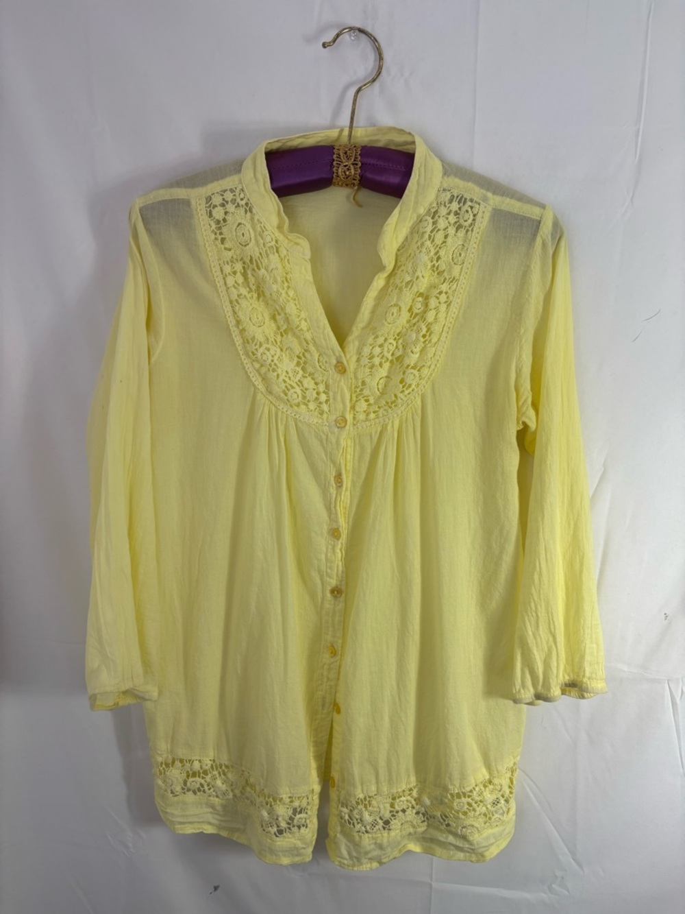 100% Cotton Yellow Embroidered 3/4 Sleeve Cottage Prairie Boho Tunic Top Size M